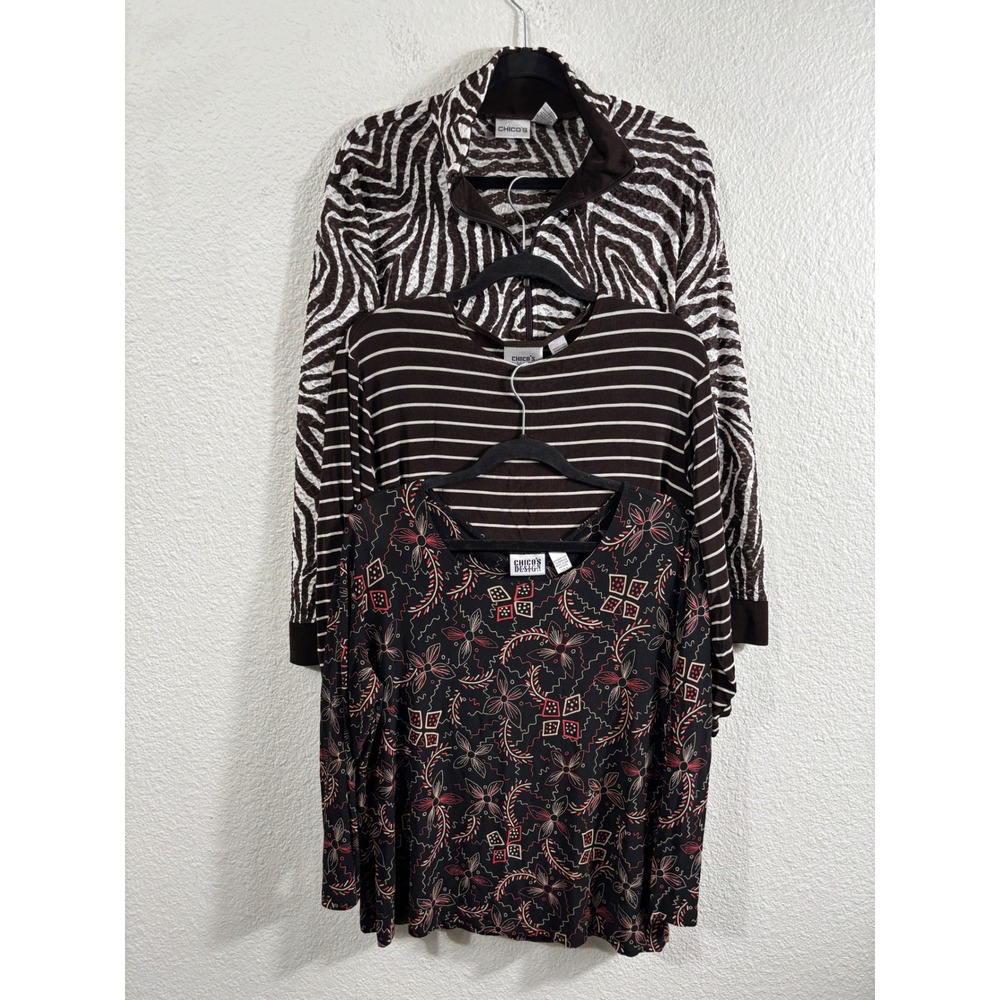 Chicos Lot of 3 Tops Jacket Size 3 XL Brown Black Zebra Striped Floral